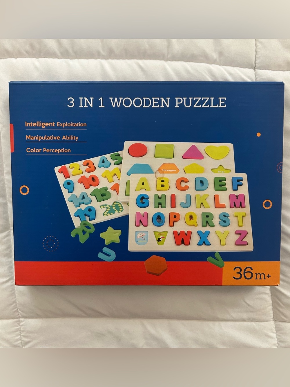 3 In 1 Wooden Puzzles Wooden board - Letters - Numbers - Shapes. Ages 3+